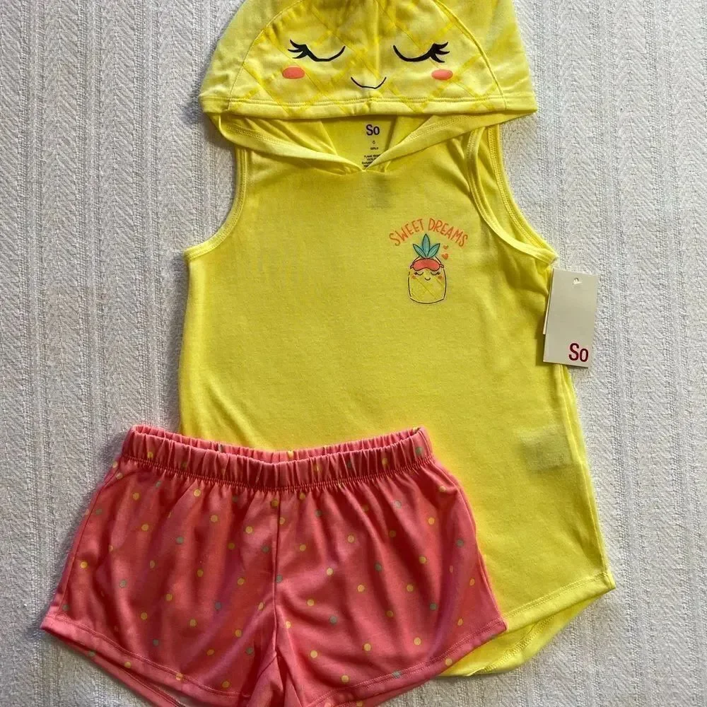 SO Girls Size 6 Pineapple Hooded Tank Too & Shorts Pajama Set